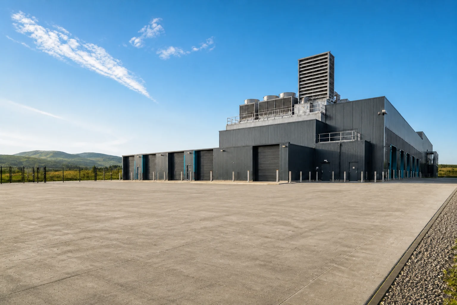 A modern data centre and cooling plant in the Scottish hills